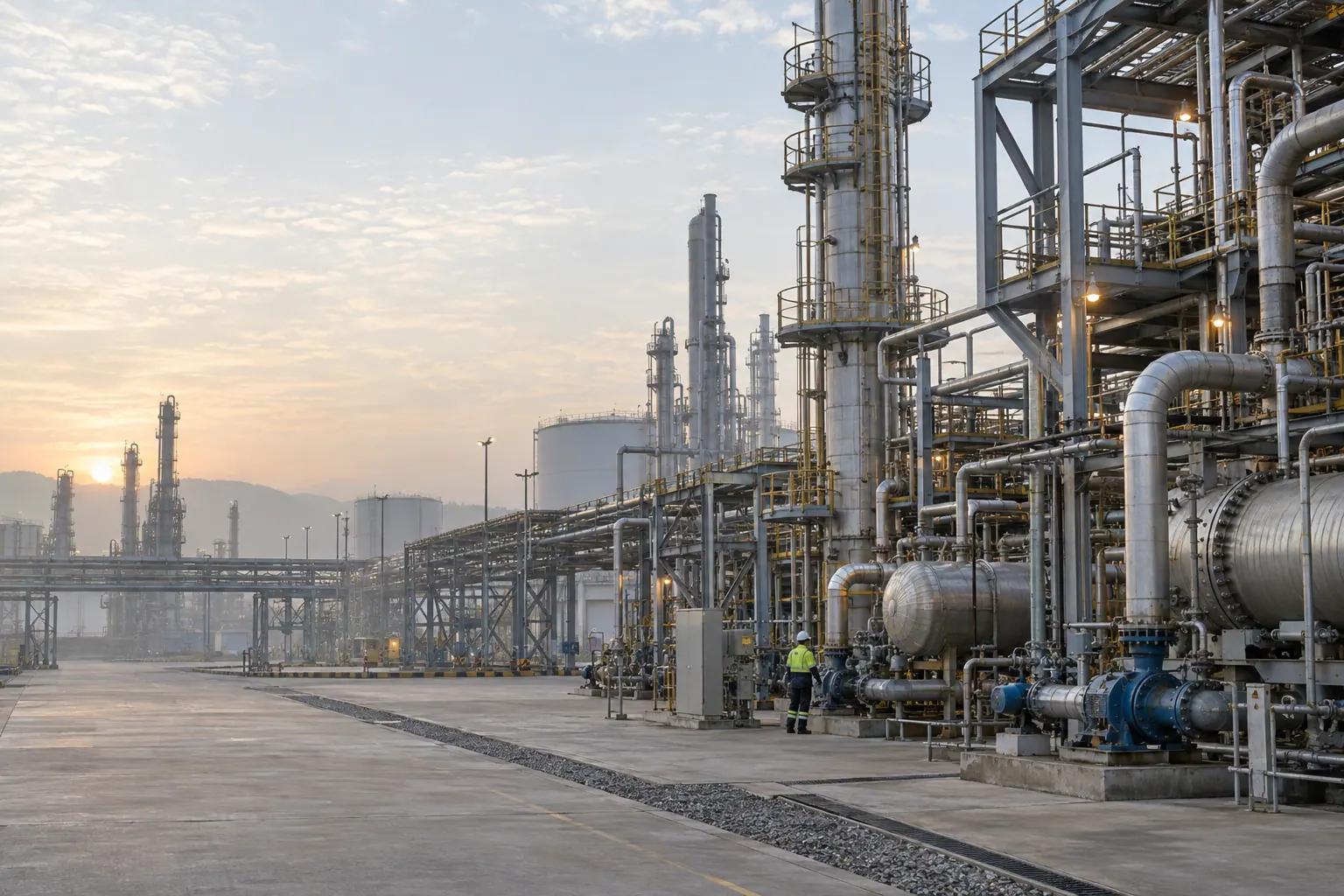 Contemporary process facility in humid early-morning light