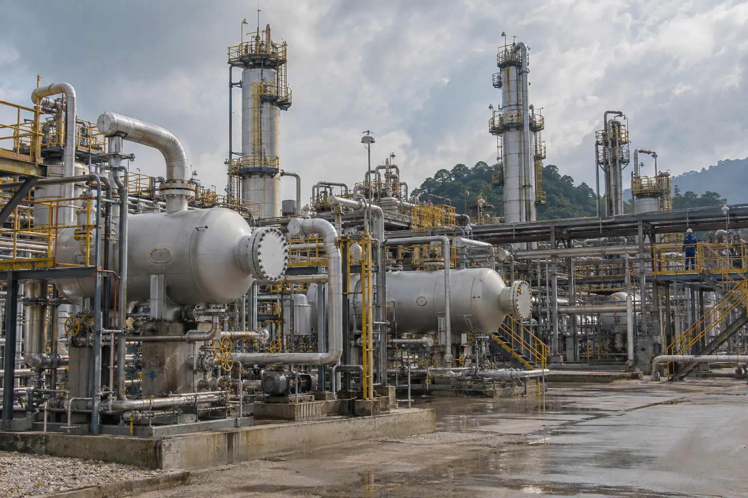 Gas treatment process facility with separators and towers